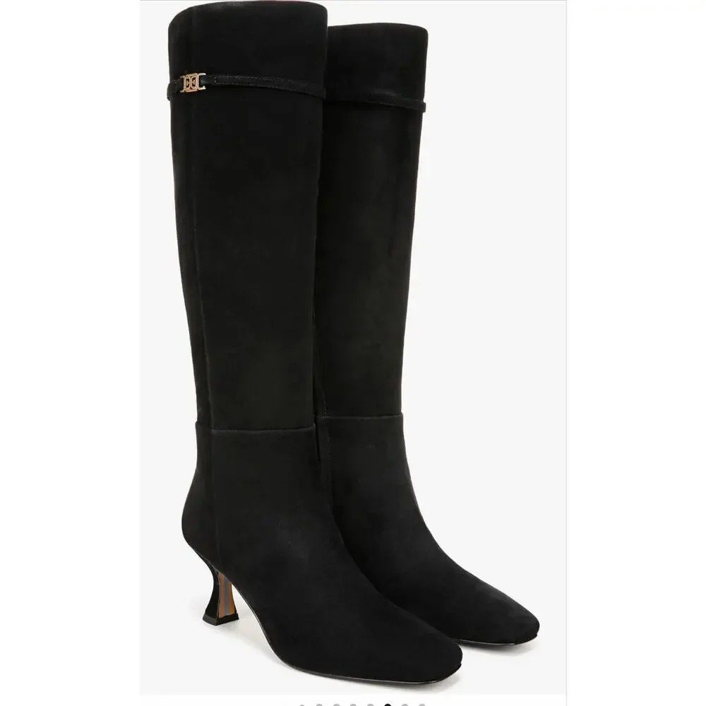 Sam Edelman Lyla Black Suede Gothic Knee High Kitten Heel Boot Size 7W
